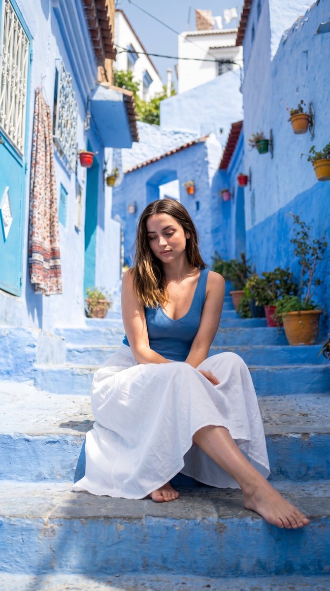 { "scene": { "setting": "narrow outdoor alley with stepped pathway in a Mediterranean blu…