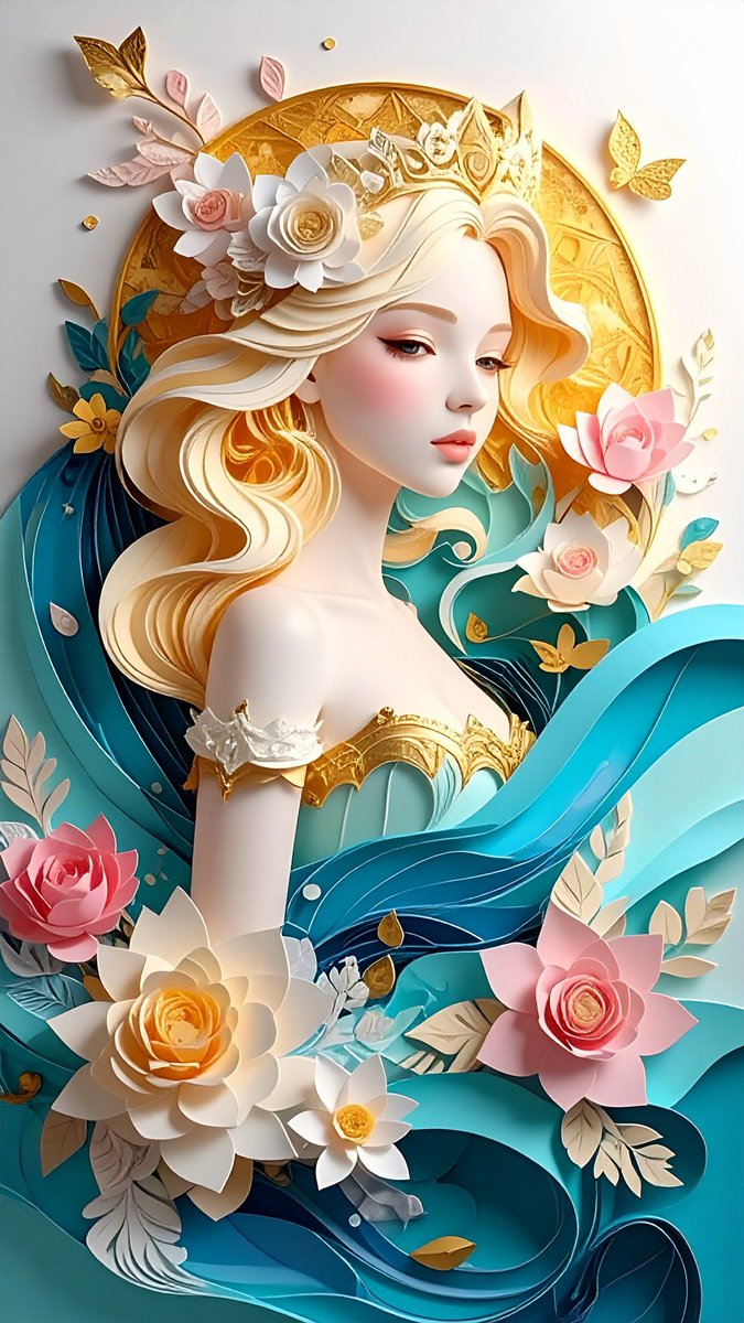 提示词分享艺术： @AdobeFirefly 3D 纸质艺术风格的水之女神，拥有金色长发，被花朵、海浪和精致的背景环绕，使用蓝色和柔和的色调：青松石蓝、奶白色、浅粉色、黄色，并搭…