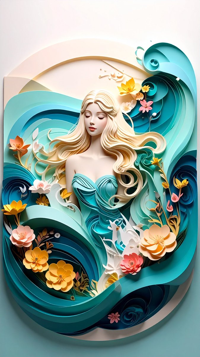 提示词分享艺术： @AdobeFirefly 3D 纸质艺术风格的水之女神，拥有金色长发，被花朵、海浪和精致的背景环绕，使用蓝色和柔和的色调：青松石蓝、奶白色、浅粉色、黄色，并搭…