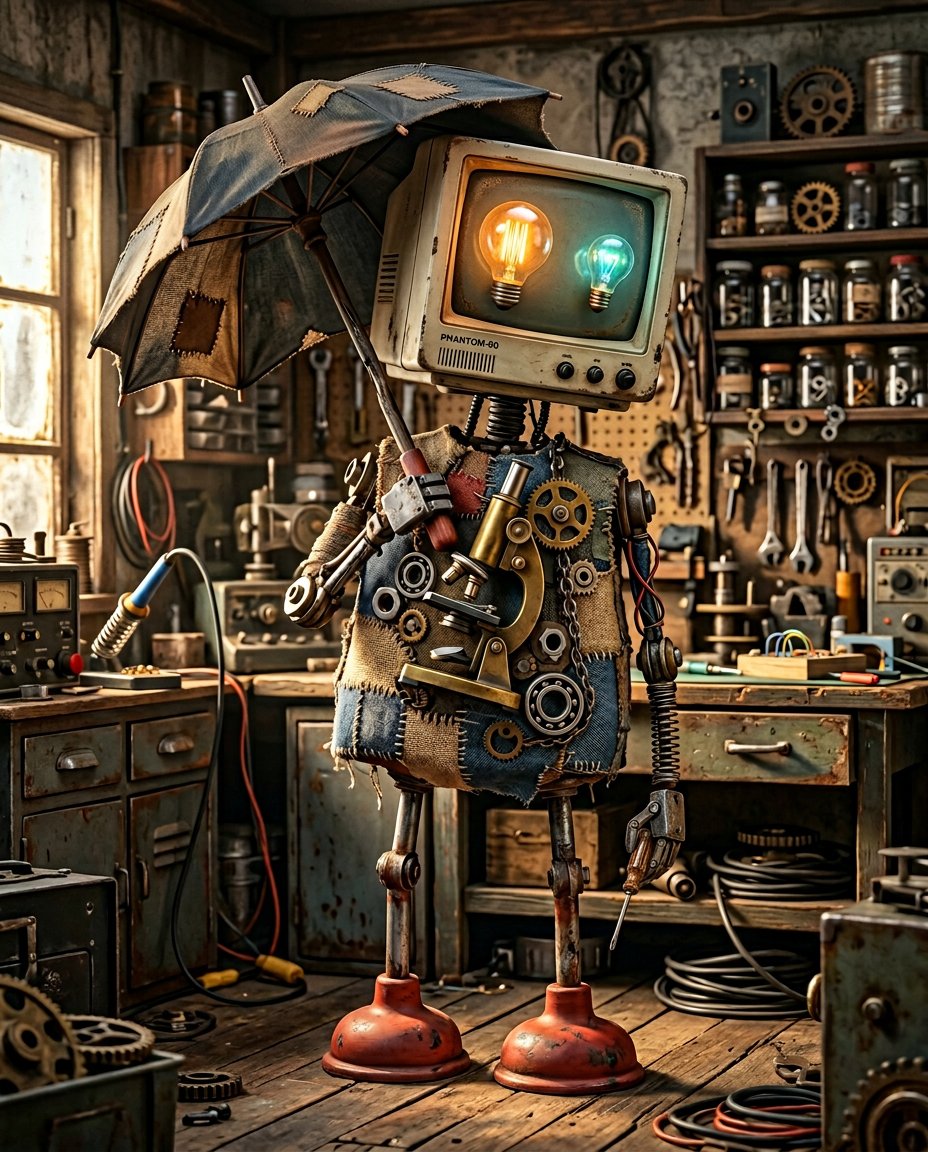 一个古怪奇异的机器人,由磨损的橡胶皮碗作为腿,一把弯曲的雨伞作为脊柱,一台笨重的复古电脑显示器作为头部,发光的、彼此不匹配的灯泡作为眼睛,身体是拼凑而成,暴露出螺母和螺栓、互锁的…