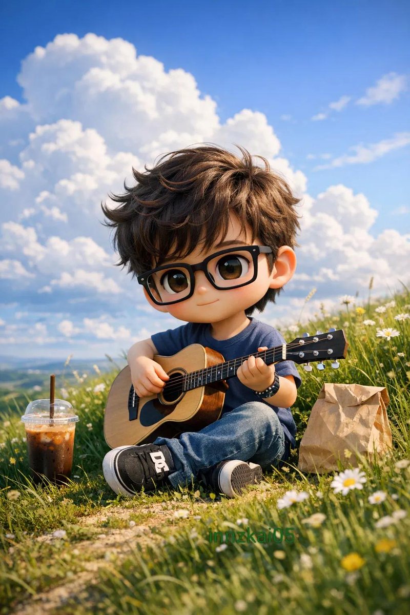 一个可爱的Q版（chibi）风格小男孩，留着凌乱的棕色头发，长着一双大大的、富有表现力的眼睛，坐在长满青草的小山上，头顶是明亮的蓝天，飘着柔软蓬松的白云。他戴着黑框眼镜，穿着休闲…