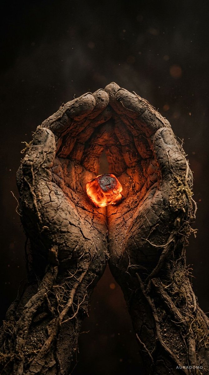 “在黑暗虚空中,由龟裂的大地与树根构成的手掌托举着一颗发光的余烬,极端微距细节呈现皮肤纹理与土壤,8K暗黑风格艺术摄影” 使用 AURADOMO AI 创作 • 你会如何提示?在…