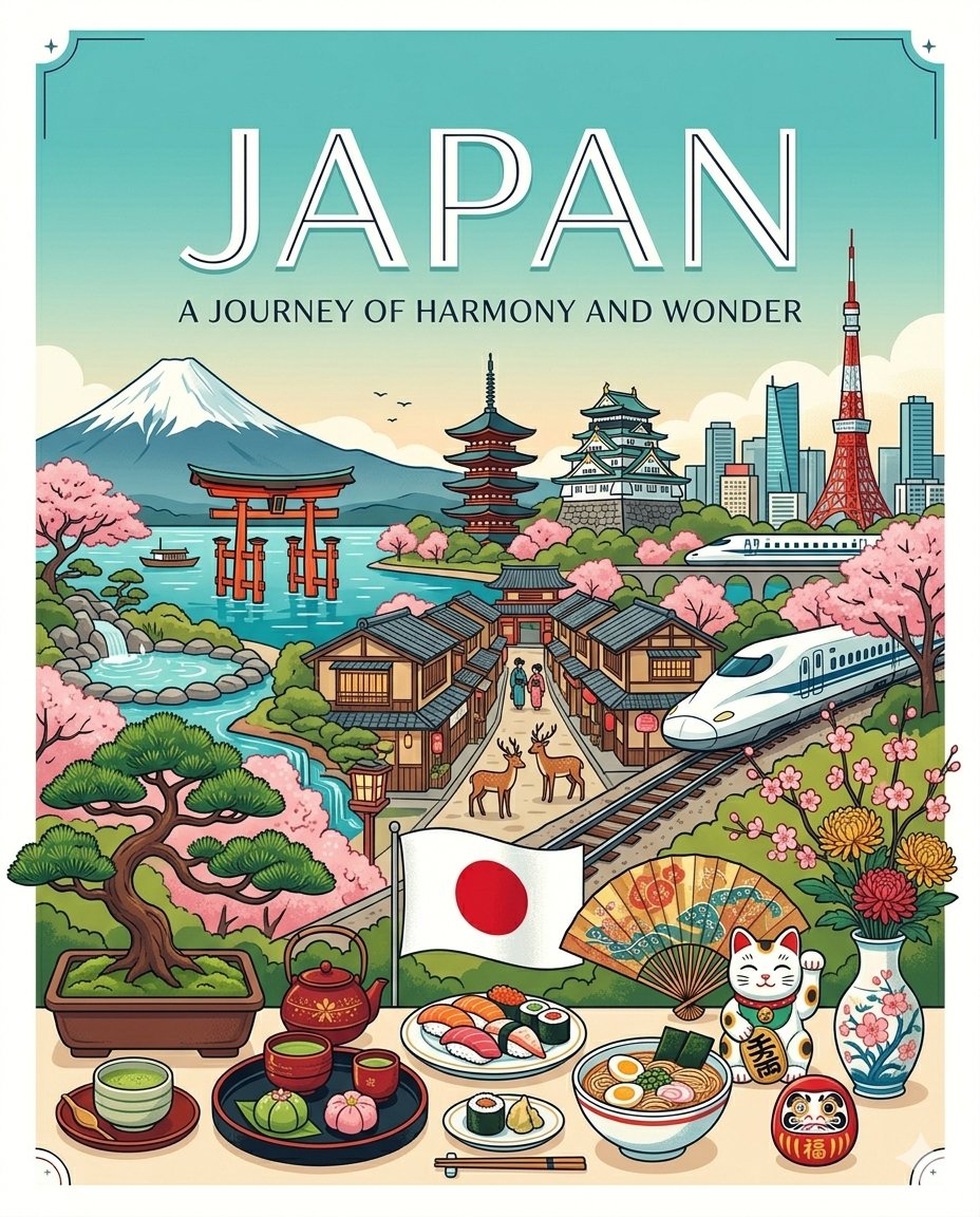 以充满活力、生机勃勃的氛围创作现代插画风格的旅行海报。 围绕输入的主题（country），以宽幅全景式构图呈现当地的标志性景观和地貌，让画面自然舒展于一个屏幕之中。 风格包含：高…