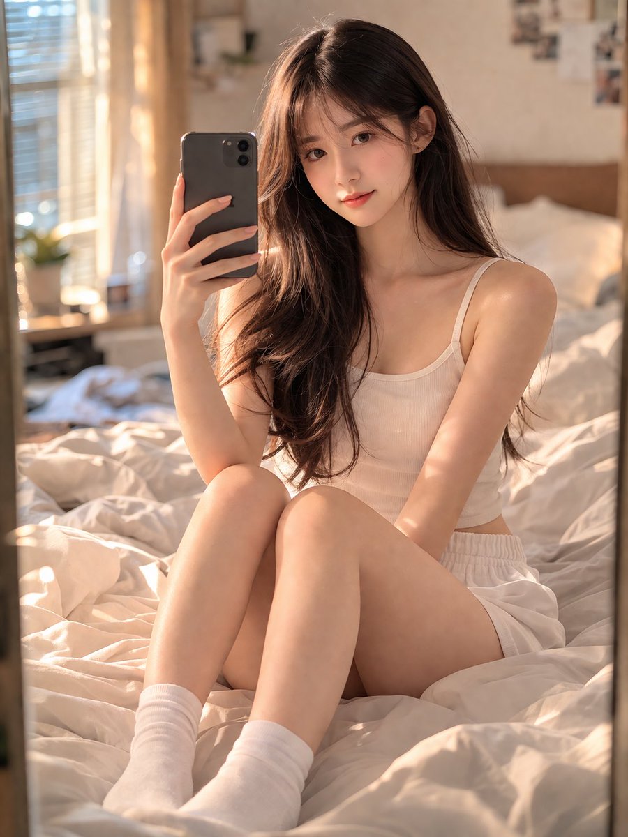 一位令人惊艳的18岁中国女孩，拥有青春纯净的面容和真实的皮肤质感，坐在卧室里一张舒适、略显凌乱的床上。她正在用智能手机拍摄镜子自拍，定格自然且亲密的瞬间。她穿…
