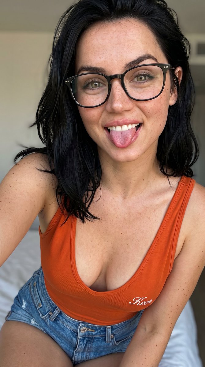垂直特写自拍，迷人的凯莉·詹娜（Kylie Jenner），黑发俏皮地伸出舌头，穿着橙色低胸上衣和牛仔短裤，面部可见雀斑，戴着眼镜，橙色上衣下摆处绣有精致小巧的白色'Keor'字…