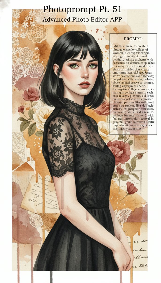 编辑此图片，创建一个优雅女性的复古水彩拼贴画，融合怀旧的艺术元素与富有表现力的颜料飞溅和细腻的纹理。肖像应呈现柔和、流动的... #SmartEditorFi…