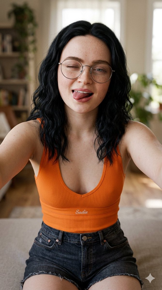 垂直特写自拍照，美丽的Sadie Sink黑色头发俏皮地吐舌头，穿着橙色低胸上衣和牛仔短裤，可见雀斑，戴着眼镜，橙色上衣下摆处绣有精致小巧的白色"Sadie"字样，柔和自然光线…