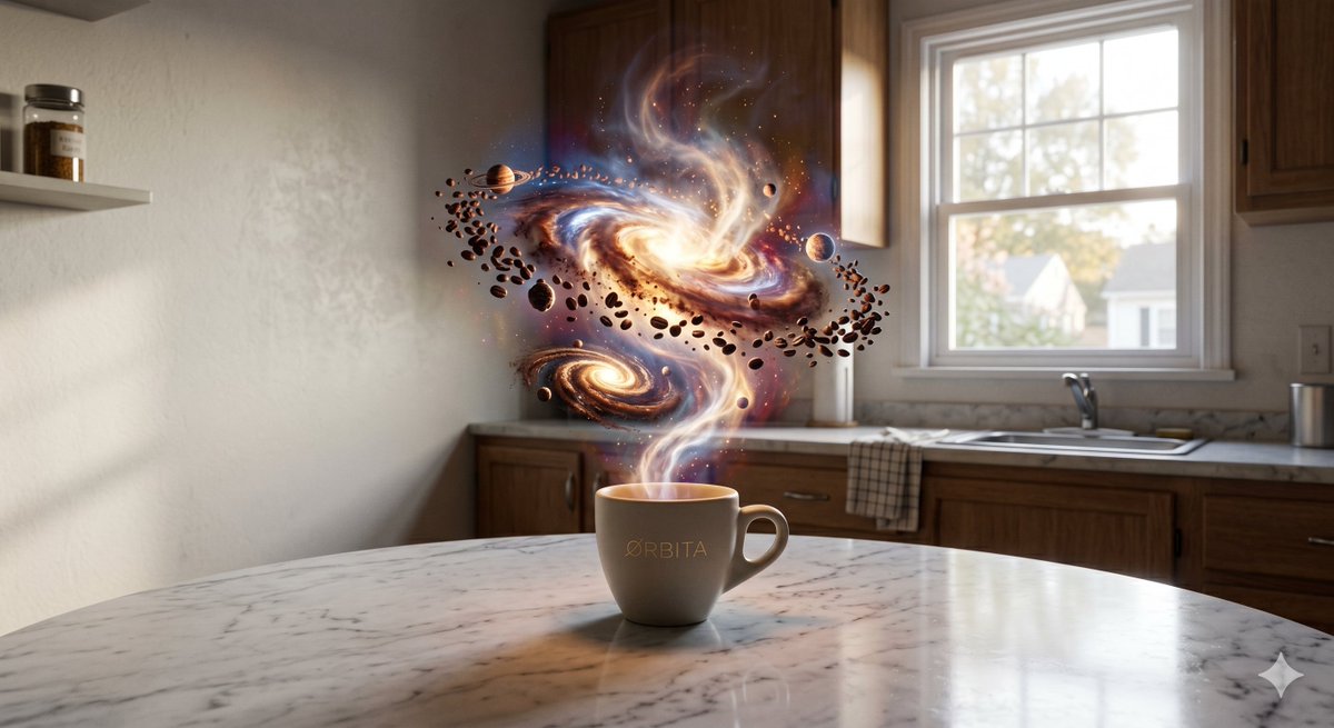 宇宙从咖啡中喷涌而出： 这是 "ORBITA Single-Origin Coffee"（ORBITA 单源咖啡）一则超现实的、荒诞派风格的照片写实主义广告…