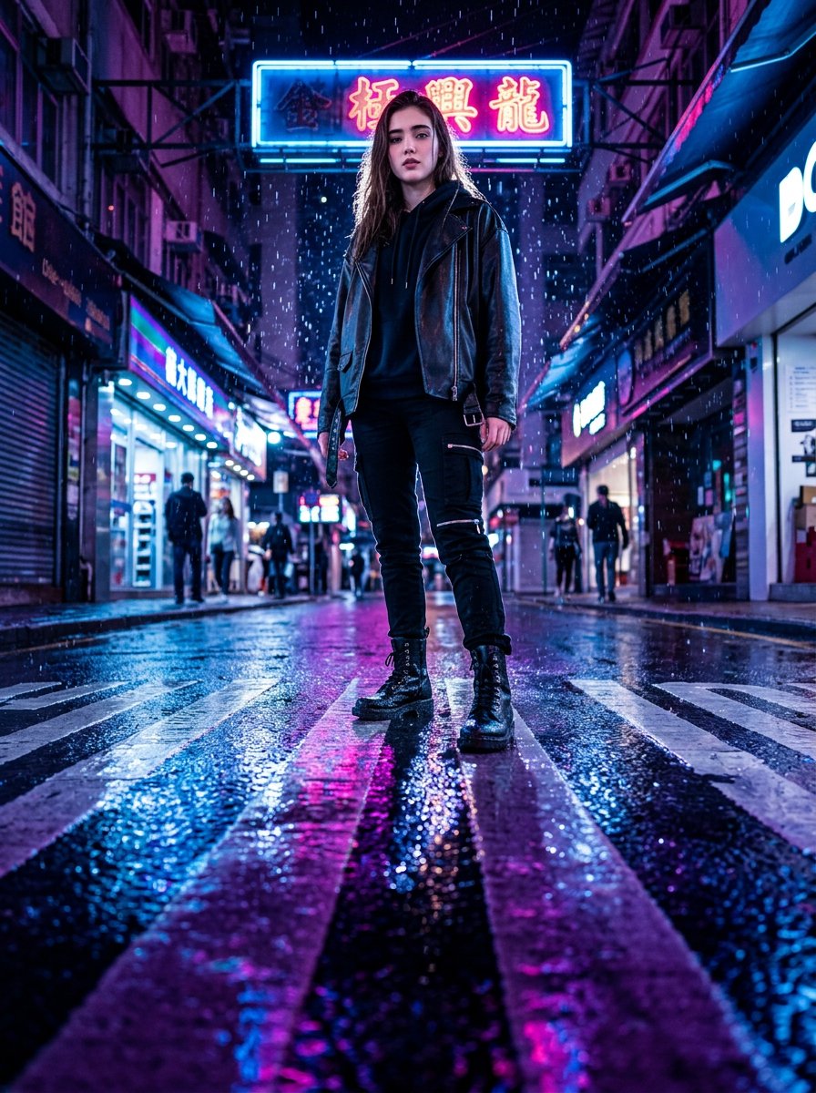 一张超写实的 8K 电影级近地面极低视角镜头，采用 16mm 超广角镜头拍摄，营造出戏剧性的透视畸变。相机置于夜晚被雨水浸透的沥青街道上方几英寸处，地面反射出…