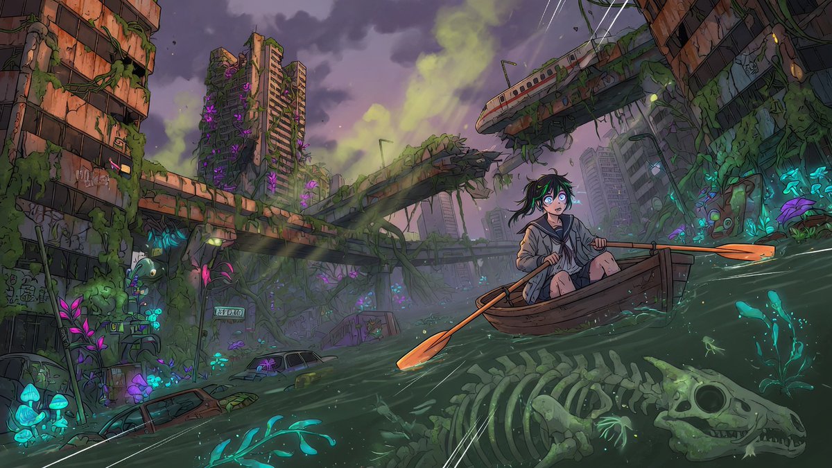 Grok 风格提示分享：后末世动漫电影感 ⚔️ 如果你最喜欢的动漫有 2 亿美元的预算会怎样？ 就会是这种效果。 我用 Grok 直接在聊天中生成了所有这些图像—— 无需额外工具…