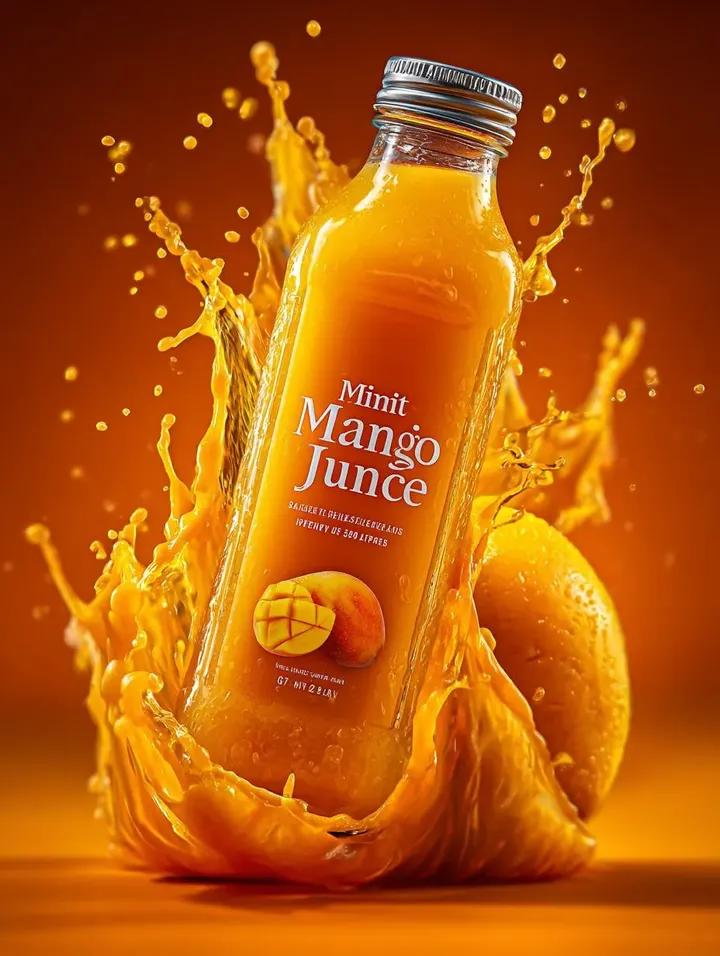 Nano Banana Pro + Kling 3.0 AI 提示词 - 一颗汁水饱满的成熟芒果在半空中猛烈爆裂，向外喷洒金橙色的果肉和果汁液滴，一瓶"Minute Maid M…