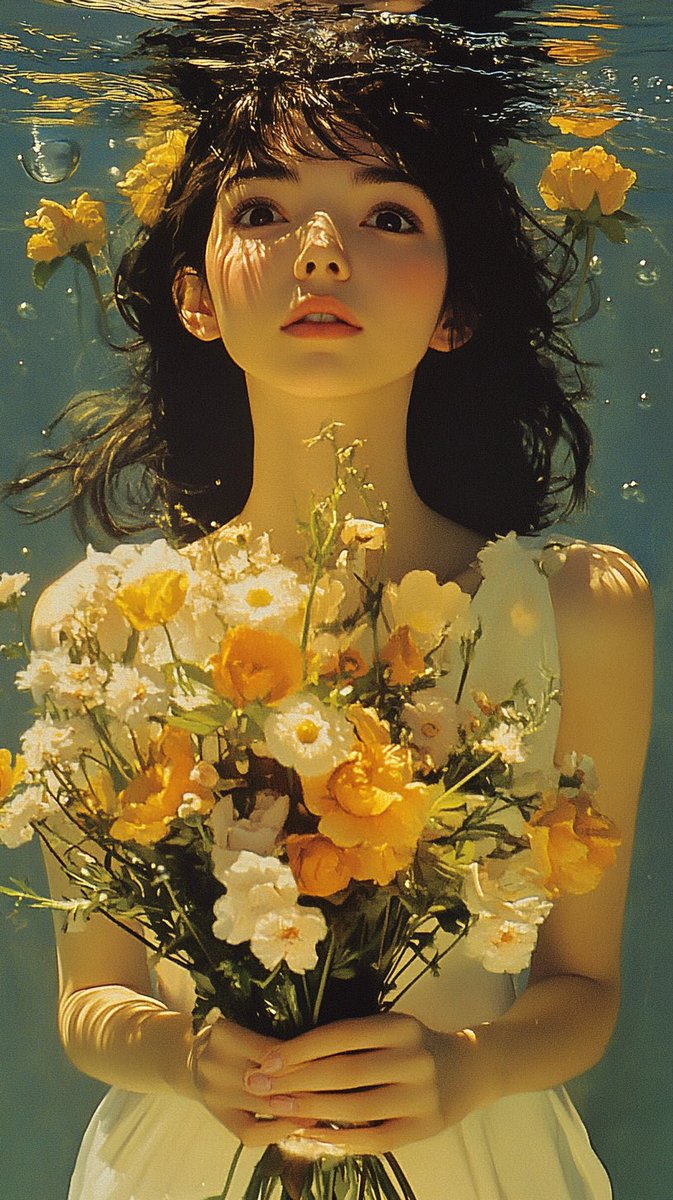 一个穿着白色连衣裙、手捧鲜花的女孩站在海里,周围环绕着彩色花瓣,风格借鉴自大友克洋或让·吉罗(莫比斯),拥有清澈蓝色的海水和绿色倒影,浅蓝色天空,自然光照,超写实风格。--ar…