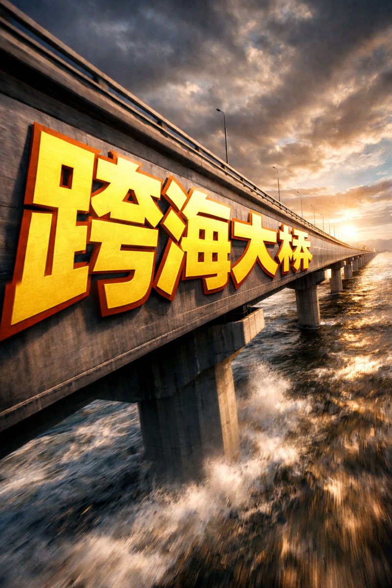 ①场景 跨海大桥的侧面，dramatic cinematic angle。 巨型 bold sans-serif 文字「___②文字内容 跨海大桥」painted onto th…