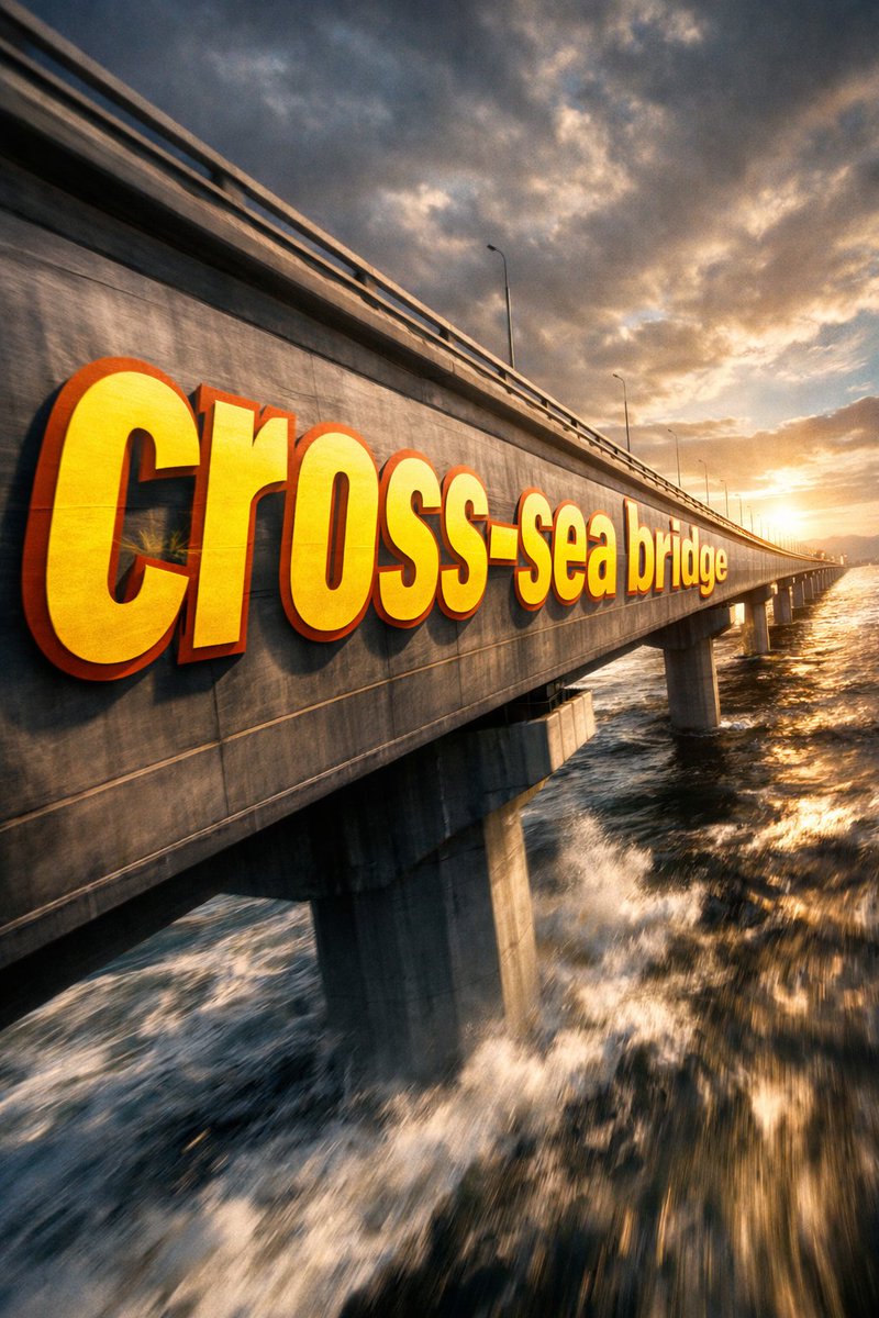 ①场景 跨海大桥的侧面，dramatic cinematic angle。 巨型 bold sans-serif 文字「___②文字内容 跨海大桥」painted onto th…