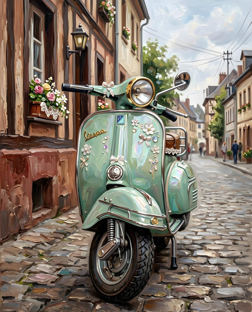 一个特写、平视的镜头聚焦于一辆停在鹅卵石街道上的复古薄荷绿 Vespa 踏板车的前部。这辆踏板车是画面的主体,其车把、前灯和前轮清晰可见。画面左侧是一座带有深色竖条纹和红棕色下半…