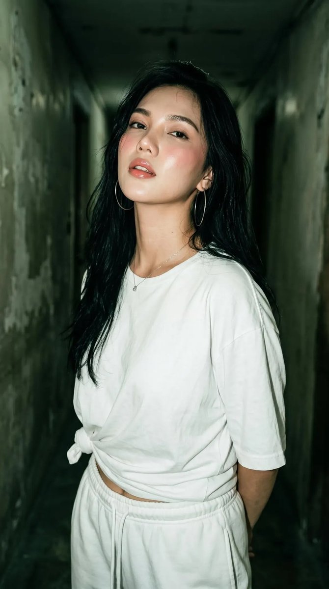 一位年轻女性站在狭窄破旧走廊中的电影感肖像,氛围感绿色调,柔和漫射光,浅景深,面部锐利对焦,奶油般虚化背景,自信放松的姿势,头部微微倾斜,自然有光泽的肌肤,淡雅腮红与裸色唇妆的妆…