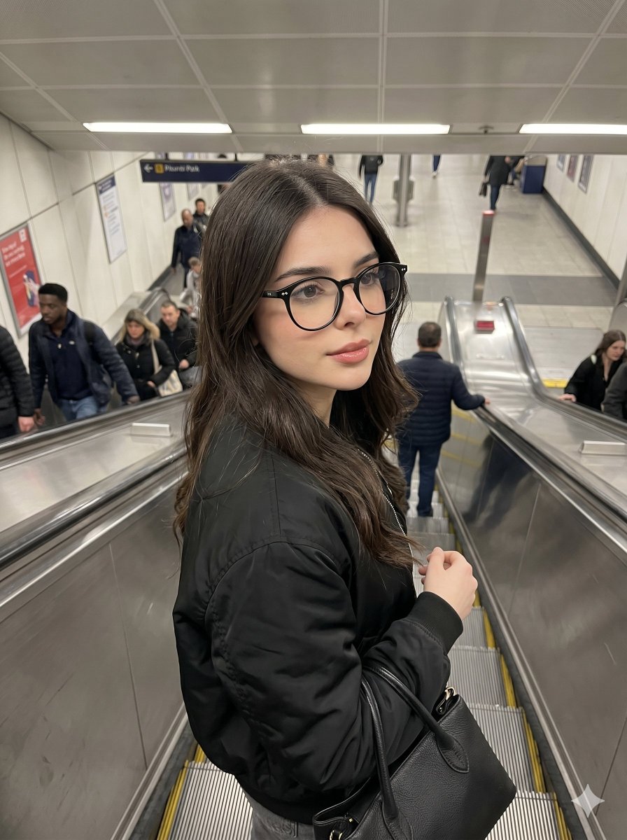写实风格的 iPhone 抓拍照片:一位女性站在自动扶梯上,面部和身份需与参考图像完全一致。她佩戴黑色玳瑁框眼镜,身穿黑色飞行员夹克,手提黑色手包。姿态自然,动感抓拍中捕捉到她放…