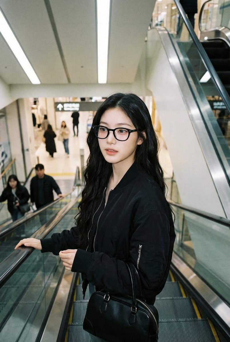 一张像是用 iPhone 拍摄的真实感抓拍照片，画面中是一位女士站在自动扶梯上，面部和身份与参考图完全一致。她戴着黑色玳瑁框眼镜，穿着黑色飞行员夹克，背着一只黑色手提包。姿态自然…