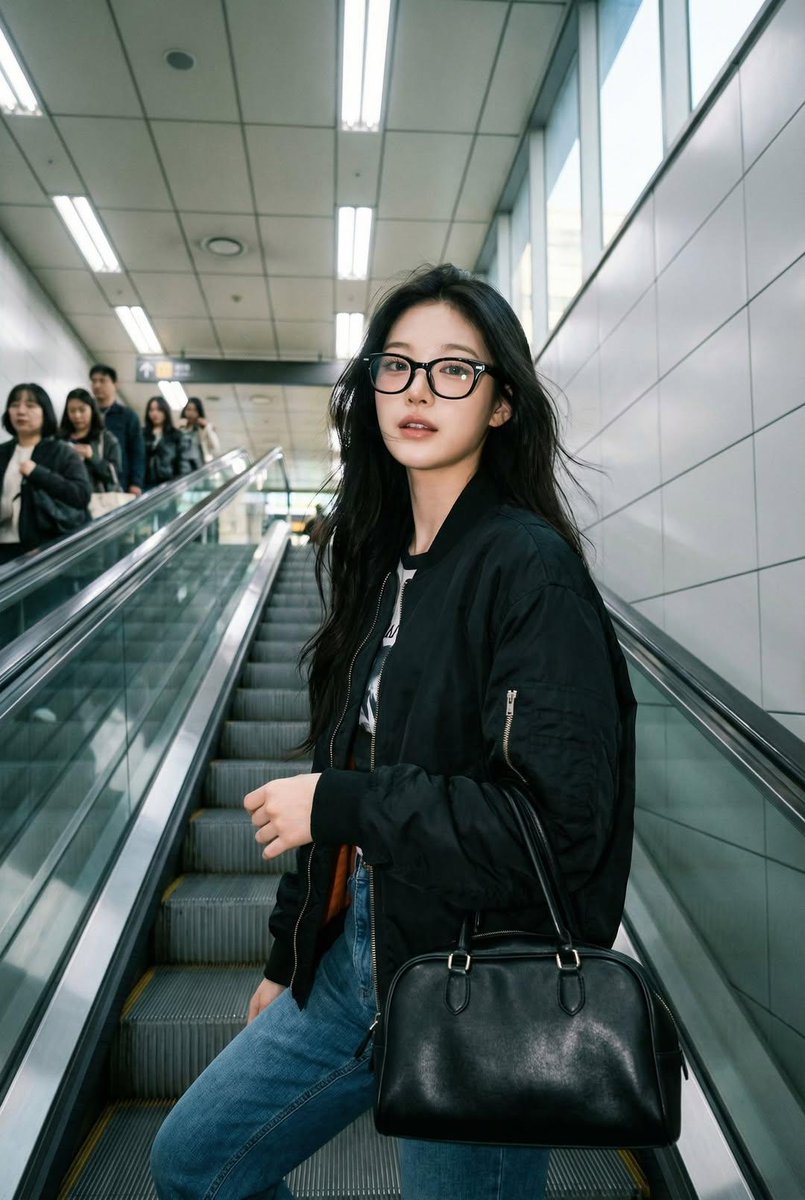 一张像是用 iPhone 拍摄的真实感抓拍照片，画面中是一位女士站在自动扶梯上，面部和身份与参考图完全一致。她戴着黑色玳瑁框眼镜，穿着黑色飞行员夹克，背着一只黑色手提包。姿态自然…