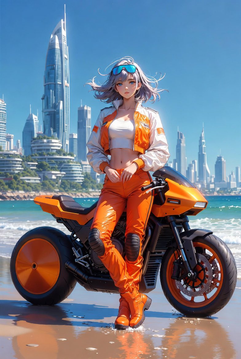 灵感来自 @Dustfinger2077 的《骑自行车的女孩》提示词！ 展示了我的原创角色 Runa，她有着银色的头发。我喜欢橙色主题和未来感的海滩氛围 😊 感谢 Dust！ #…