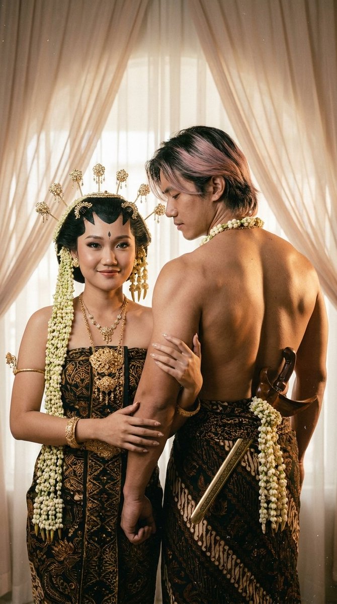 一张在摄影棚中拍摄的年轻印尼情侣的浪漫婚纱前写真肖像。 女性必须与参考照片在面部特征、表情和造型上高度匹配。她拥有柔和的自然美,带着温柔而自信的微笑,直视镜头,同时挽着伴侣的手臂…