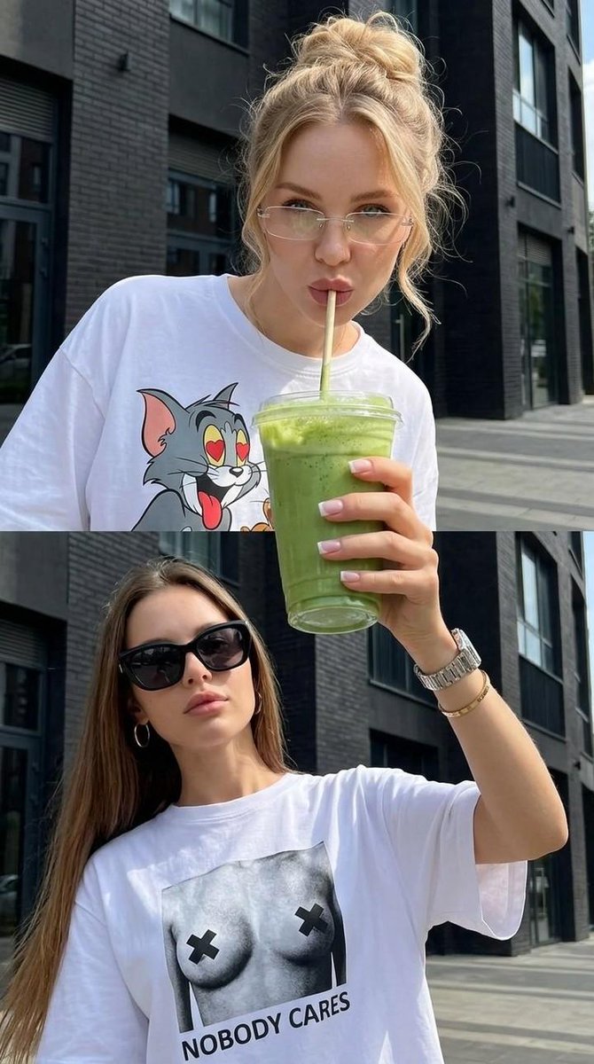 在不改变两个女孩面部的前提下创作她们的肖像。这是一幅包含两个垂直画框的 photorealistic 双联画，拥有高皮肤细节、自然面部纹理、明亮阳光和生活方式…
