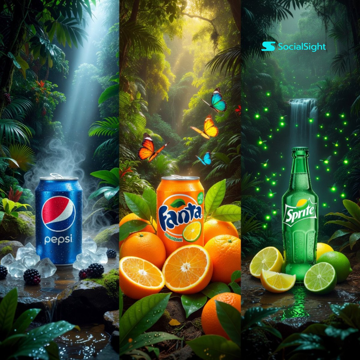 图片使用 @SocialSight 上的 Nano Banana 和 Grok Imagine 生成 提示词 👇 超写实电影感拼贴画面：三款标志性的软饮产品置…