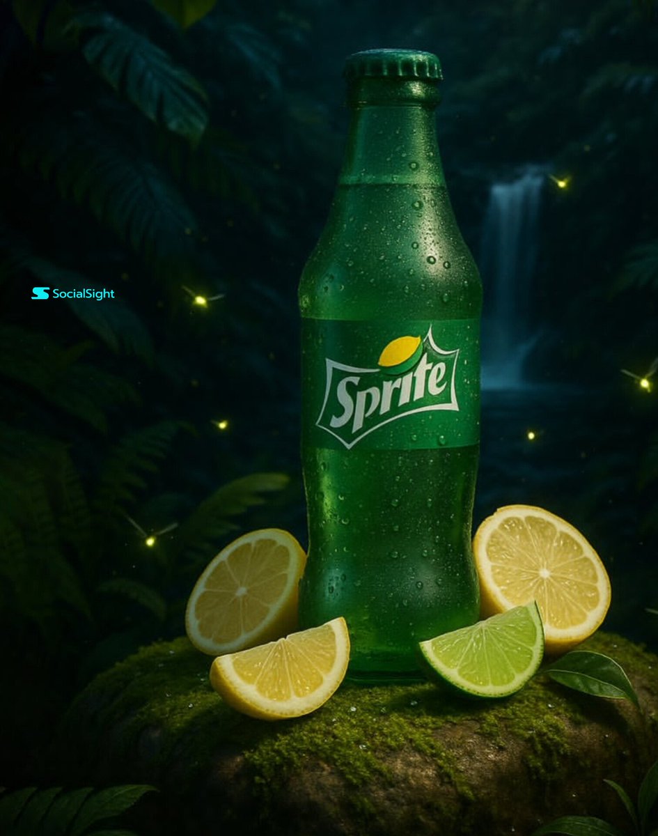 图片使用 @SocialSight 上的 Nano Banana 和 Grok Imagine 生成 提示词 👇 超写实电影感拼贴画面:三款标志性的软饮产品置于郁郁葱葱的热带丛林…