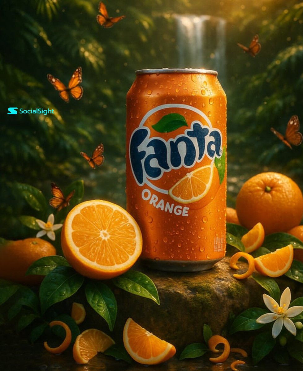 图片使用 @SocialSight 上的 Nano Banana 和 Grok Imagine 生成 提示词 👇 超写实电影感拼贴画面:三款标志性的软饮产品置于郁郁葱葱的热带丛林…