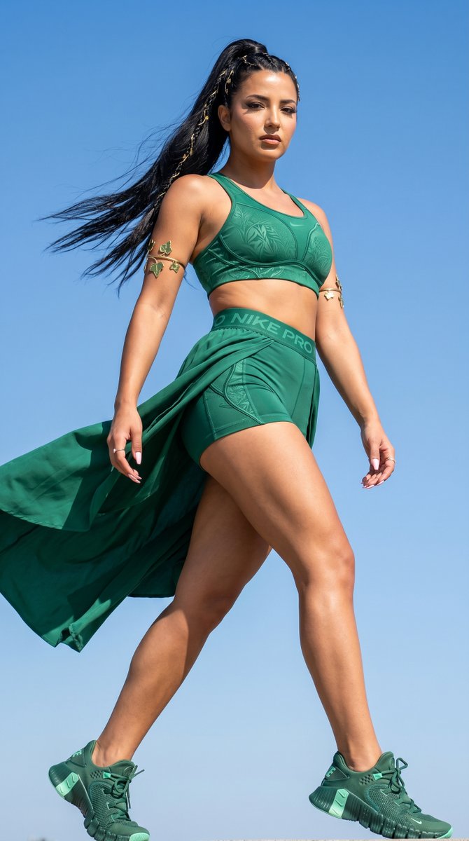 Nike Pro 启发的高级广告大片，照片中是一位强大、运动型的神话女性，采用戏剧性的仰视视角拍摄，使她显得大胆、标志性、占主导地位且超越常人。整张图像应让人感觉像是虚构的 Ni…