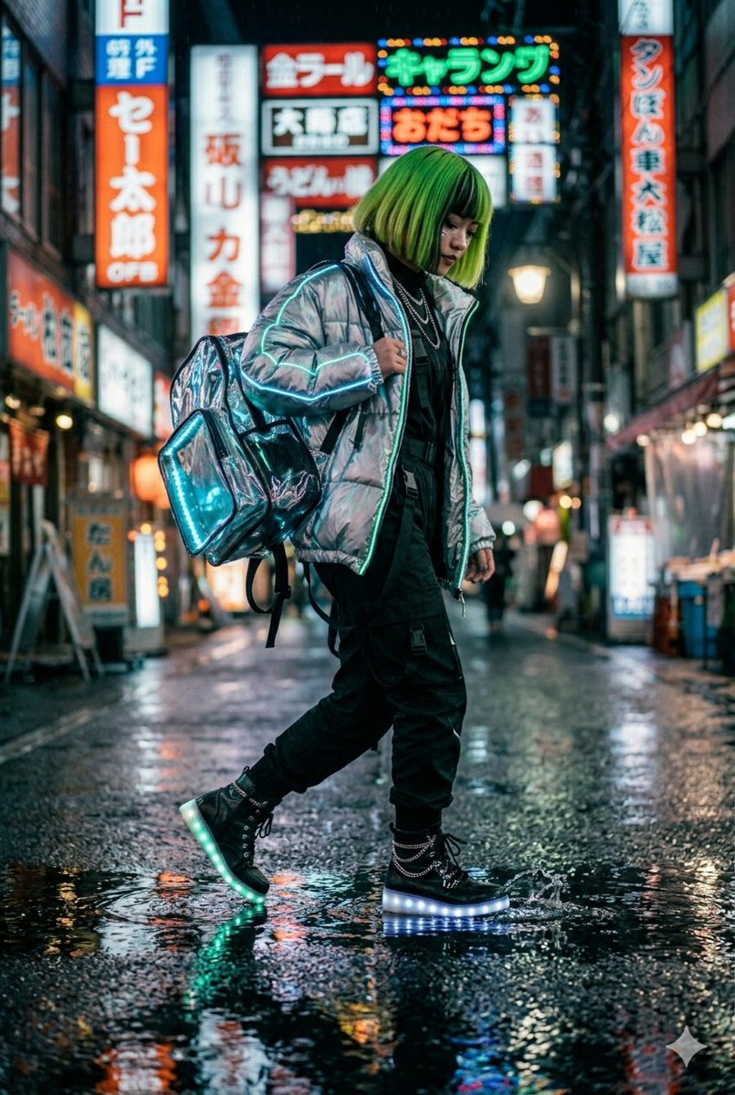 { "prompt": "一幅电影感十足的双联画构图，主角是一位留着活力绿色波波头并带有黑色挑染的年轻女性，身着赛博朋克风格的机能服饰。她穿着一件带有发光青色霓虹镶边的金属银色羽…