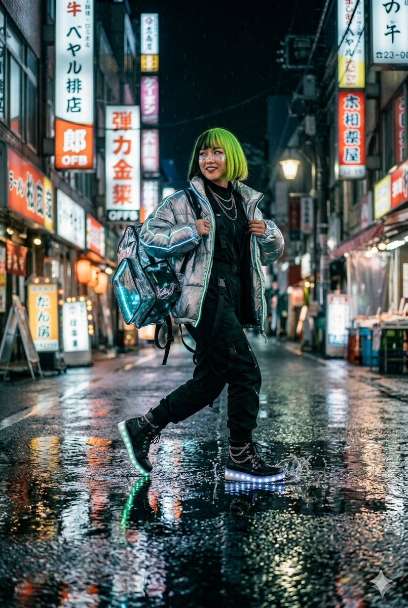 { "prompt": "一幅电影感十足的双联画构图，主角是一位留着活力绿色波波头并带有黑色挑染的年轻女性，身着赛博朋克风格的机能服饰。她穿着一件带有发光青色霓虹镶边的金属银色羽…