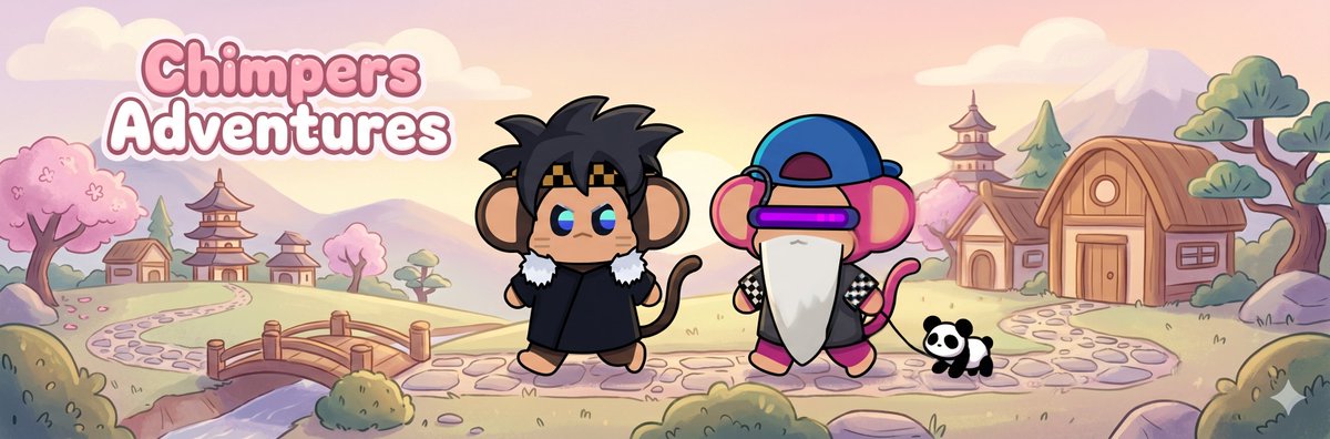 开启一个新系列 👀 把你的 Chimp 或多只 Chimp 变成 @ChimpersHQ 风格的完整 X-Banner（横幅图）。 柔和、温馨的道场灵感场景…
