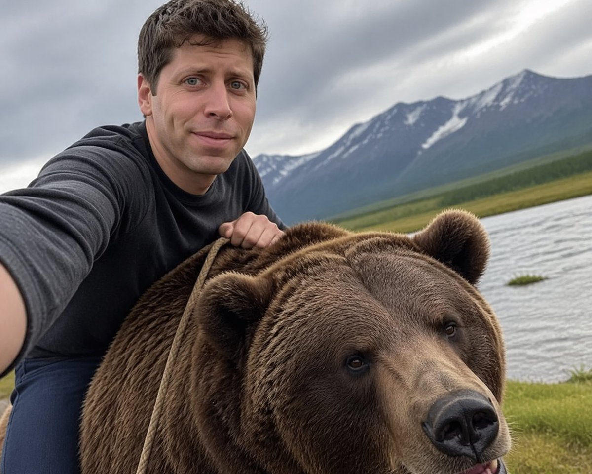 生成图像：山姆·奥特曼(Sam Altman)骑在熊上自拍 编辑提示：移除背景使其透明 给所有认为我在撒谎的人看： https://t.co/BqHijxk9…