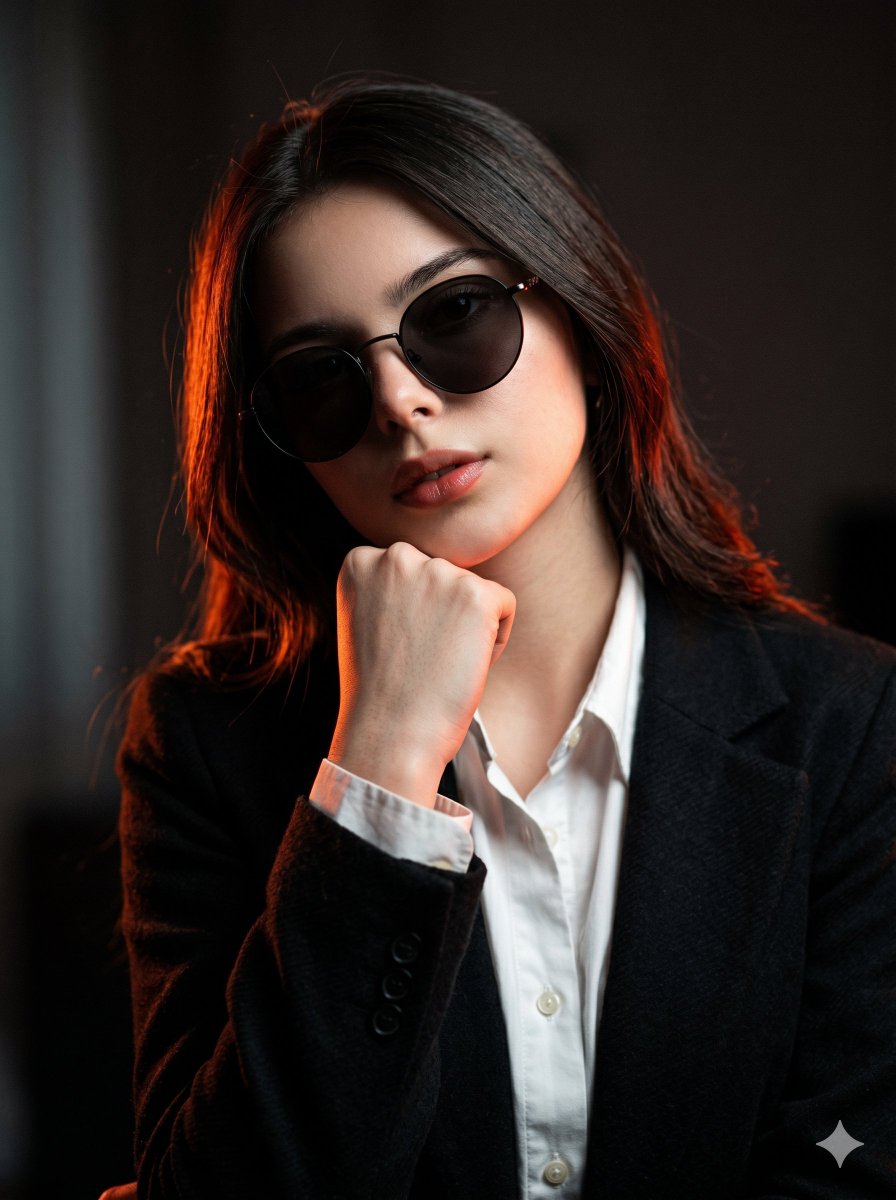 一张超现实的电影感人像照,基于上传图片中的美丽女性。她戴着深色圆框太阳镜,内搭一件微微解开扣子的衬衫,外披一件质感黑色西装外套。姿态:她微微低头看向镜头,头部轻倾,一只手握拳,稳…