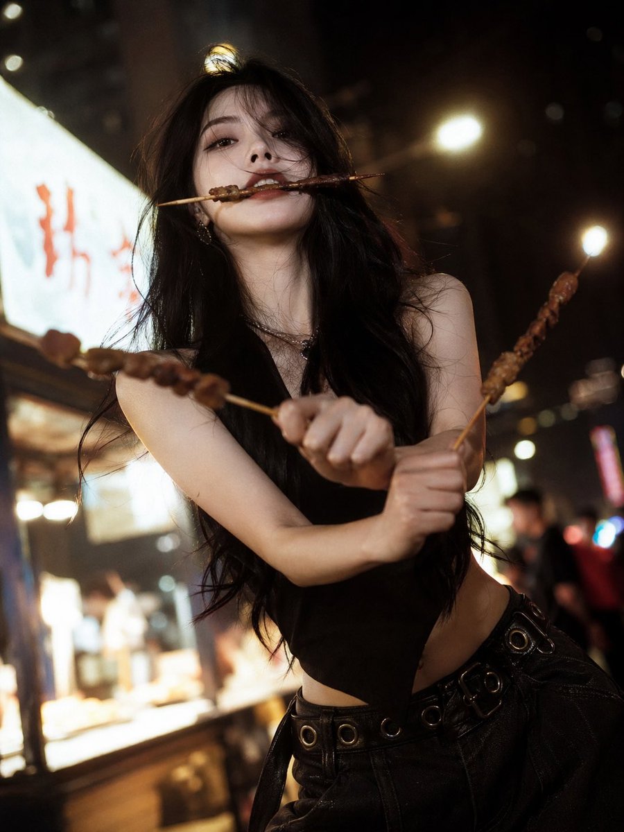 GPT Image 2 人像肖像 ---提示词--- 一位令人惊艳的美女，带着冷酷、高冷的气质，面部五官精致，冷峻而高级的时尚脸庞，长发，身材纤细优雅；“烤肉…