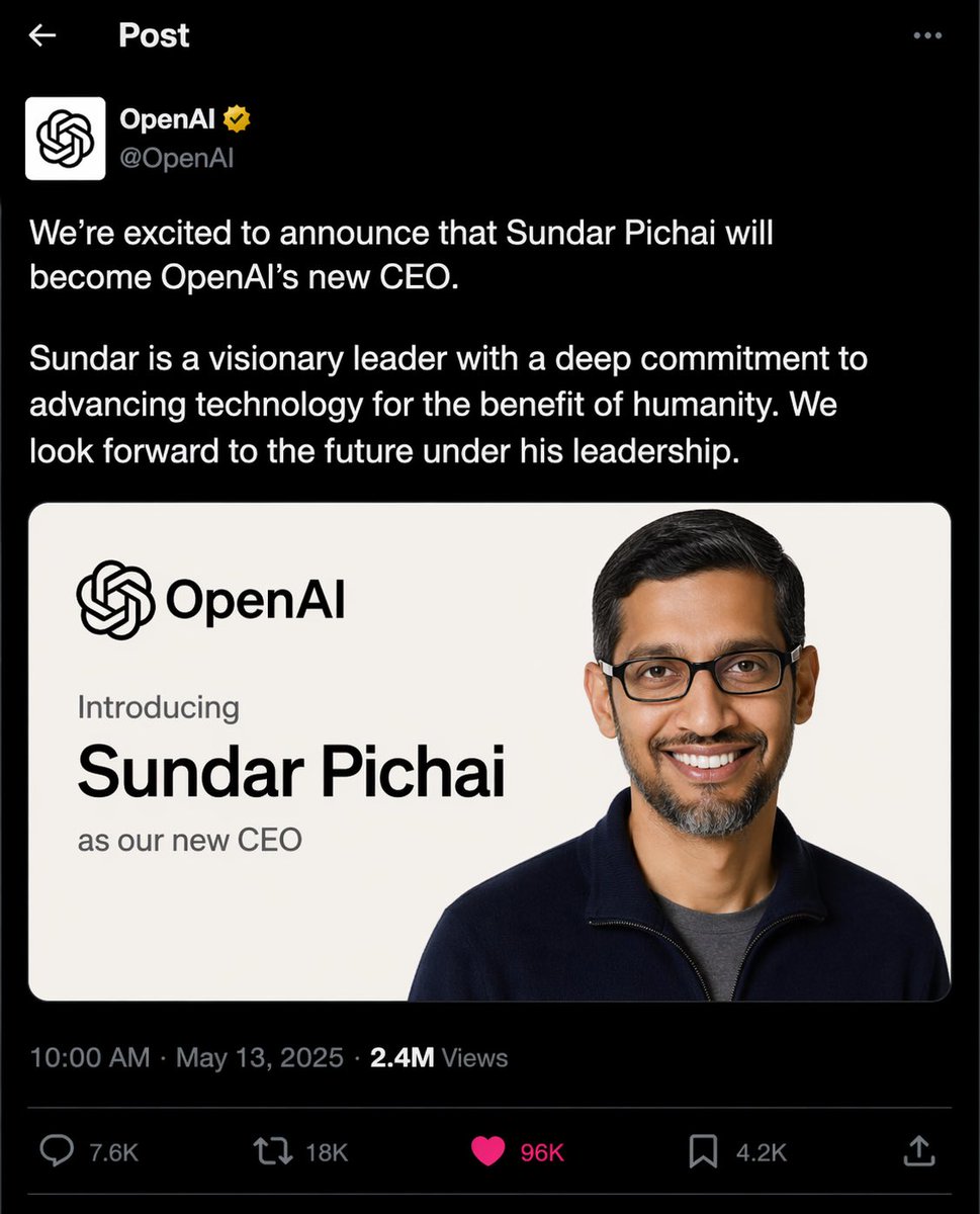 创建一张 X（推特）帖子的截图，内容是由 OpenAI 发布的、宣布 Sundar Pichai 为其新任 CEO 的帖子 希望正式上线后不会被削弱 https://t.co/O…