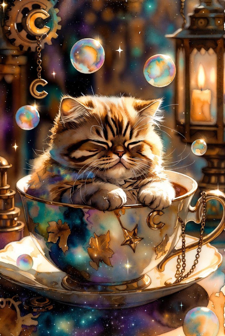 一只圆滚滚的小猫蜷缩着睡在一个巨大的茶杯里，周围漂浮着肥皂泡和微微发光的星星，柔和的粉彩色调，粉色与淡紫色交织，温暖的烛光，梦幻水彩风格，松散而富有表现力的晕…