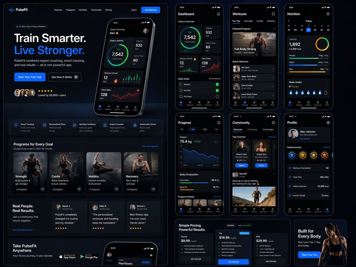 为名为 PulseFit 的品牌设计一个现代、高端的健身应用着陆页和产品 UI。 创建一个干净的网络设计模型，看起来像一个真实的 SaaS 健身平台和移动配套应用。该设计应感觉高…