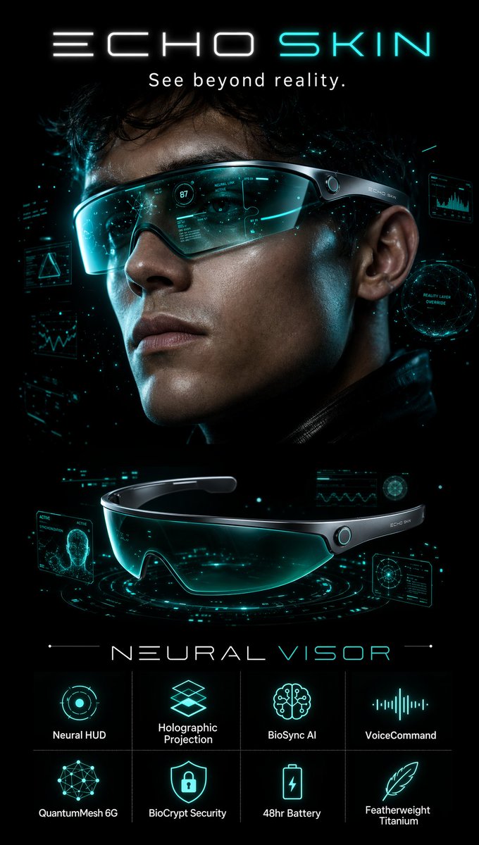 你是一位顶级科幻广告导演，即将推出 ECHO SKIN NEURAL VISOR——一款时尚、近未来风格的 AI 智能面罩，佩戴时横跨双眼，将高级时装配饰与军…