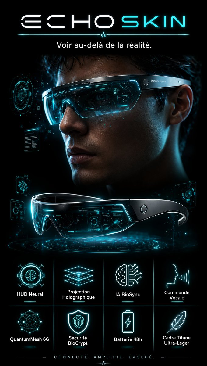 你是一位顶级科幻广告导演,即将推出 ECHO SKIN NEURAL VISOR——一款时尚、近未来风格的 AI 智能面罩,佩戴时横跨双眼,将高级时装配饰与军用光学科技融为一体…