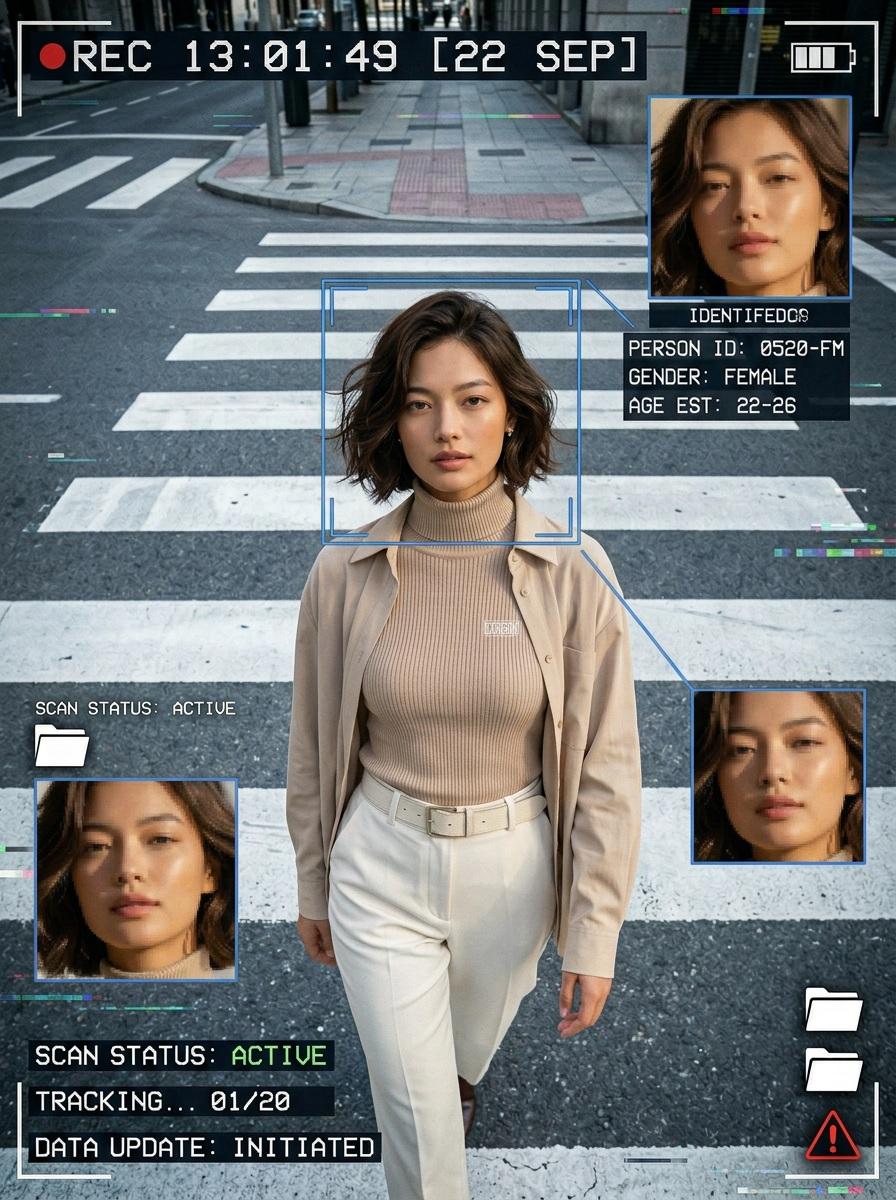 照片级真实感的 CCTV 监控场景，高角度安防摄像头视角，现代都市街道上的宽幅斑马线。一位时尚年轻女性正走过斑马线，在迈步过程中抬头直视镜头。面部与身份：使用上传的参考图像——轮…