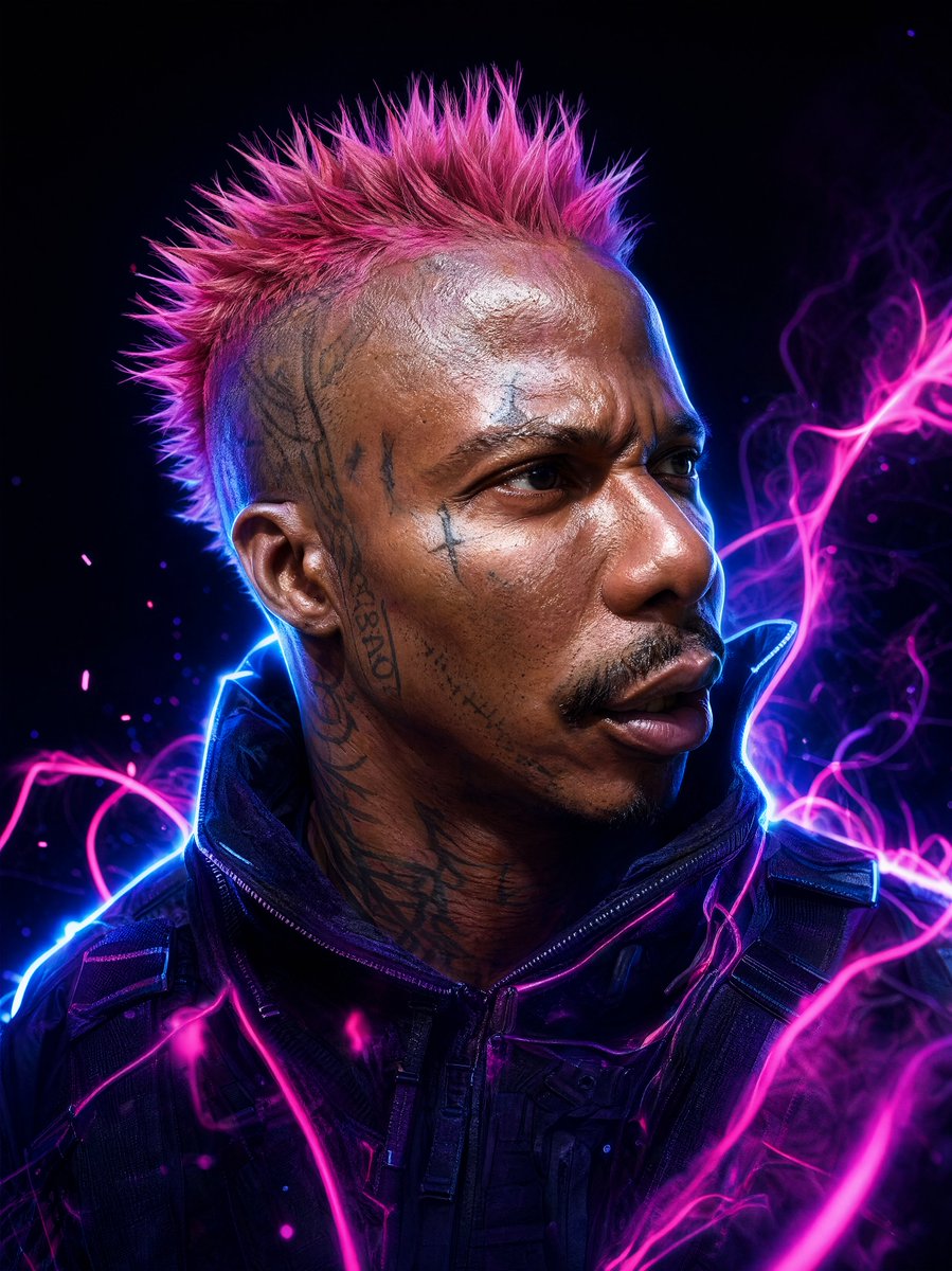 一张照片写实风格的真实人物肖像，面部特征与 image_0.png 中的男子完全一致，超逼真的皮肤纹理和详细的面部标记（纹身），目光锐利有穿透力，看向相同方向…