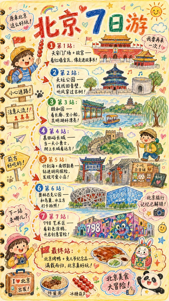 手绘风格的《{城市名}旅行手账插画》 --- 提示词： 请绘制一张色彩鲜艳、竖版（9:16）手绘风格的《{城市名}旅行手账插画》，画风仿佛由一位充满好奇心的孩子用蜡笔创作，整体使…