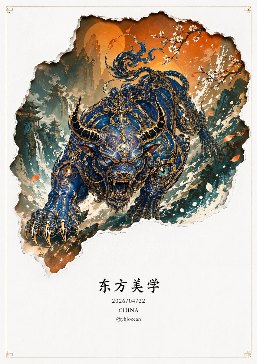 极简主义，新中式风格立体图形设计，图像下端有楷体中国文字：“东方美学”，“2026/04/22”，署名 “CHINA”，和“ @yhjocean "； 平整纯白色的亚光质感厚艺术…