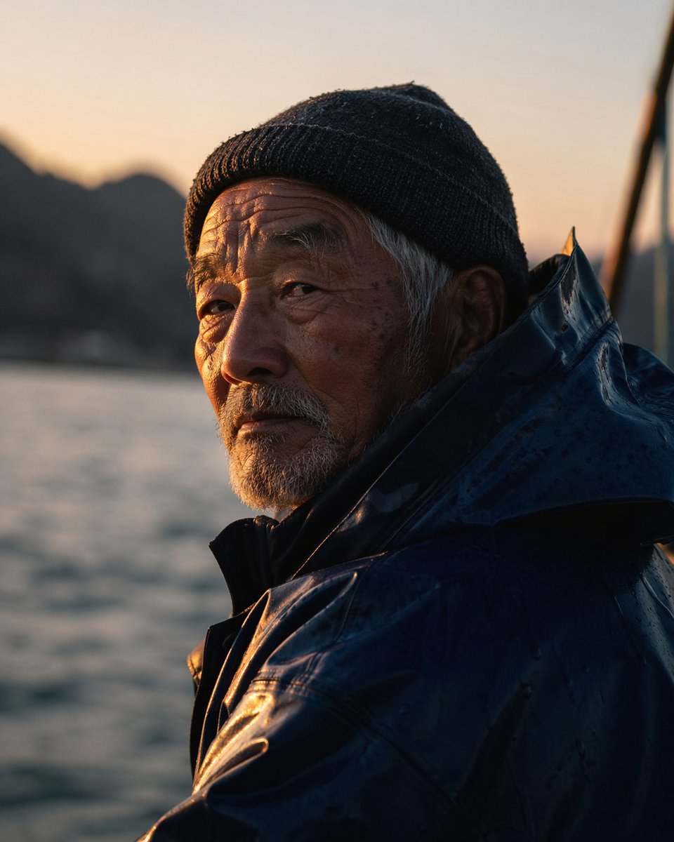 电影感肖像：黎明时分一位年迈的日本渔民，黄金时刻的光线打在他的脸上，细腻的饱经风霜的皮肤，浅景深，85mm镜头，忧郁的氛围 左：gpt image 1.5 右：gpt image…