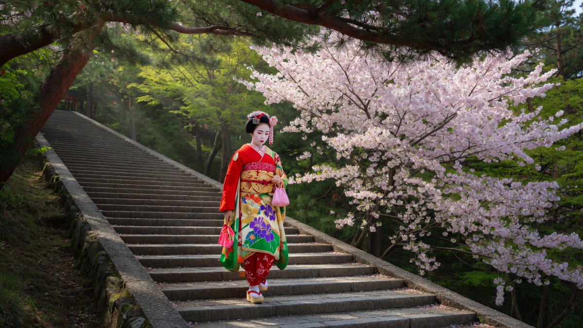 一位日本舞妓身着色彩鲜艳的舞妓风格服饰，沿着一条陡峭而漫长的石阶拾级而下，她身后和上方是茂密的松林与落叶林交织的森林，一侧盛开着满树繁花的樱花树，阳光透过树冠…