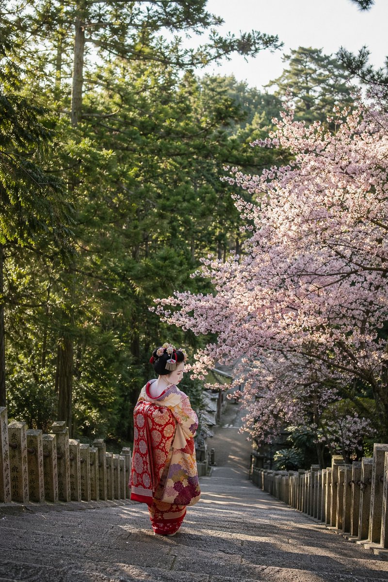 一位日本舞妓身着色彩鲜艳的舞妓风格服饰，沿着一条陡峭而漫长的石阶拾级而下，她身后和上方是茂密的松林与落叶林交织的森林，一侧盛开着满树繁花的樱花树，阳光透过树冠洒下斑驳光影。要求呈…