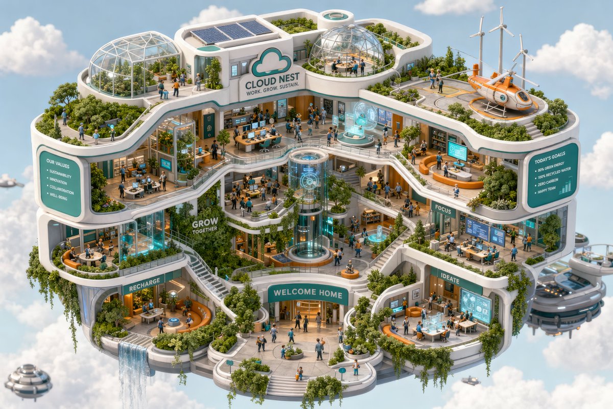一座“云端漂浮的绿色办公城市”的精细 3D 等距剖面图。云朵之间,微小的人物在全息影像前工作,茂盛的垂直花园,流线型的白色建筑。柔和的粘土渲染风格,搭配充满活力的企业配色(青色与…