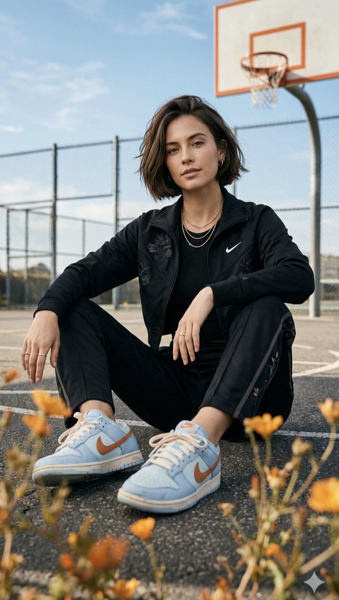 一张高分辨率的电影级人像照:一位自信的年轻女性,留着时尚的深棕色波波头,盘腿坐在户外的沥青篮球场上。她身穿黑色 Nike 拉链运动夹克,带有精致的花卉刺绣,搭配同款黑色慢跑裤,并…